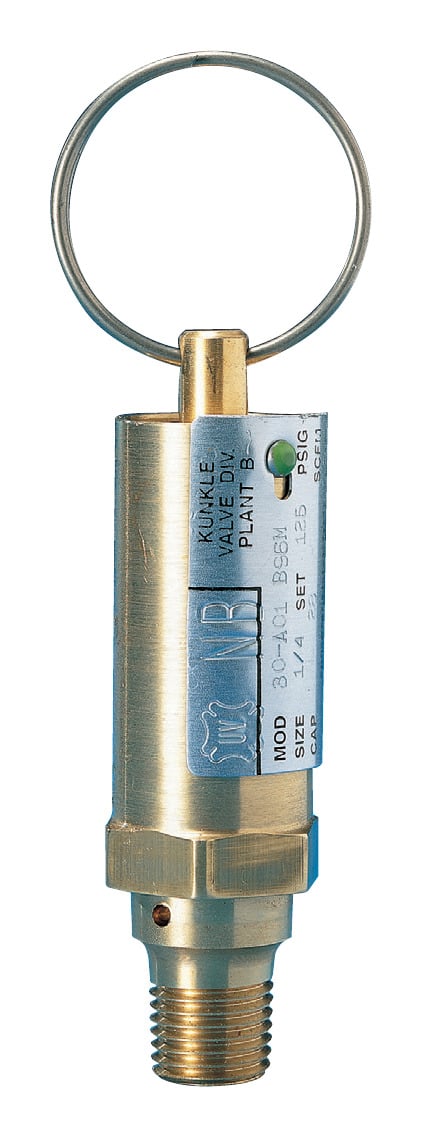 Kunkle Model 30 brass top venting safety valve with stainless lift ring and National Board nameplate